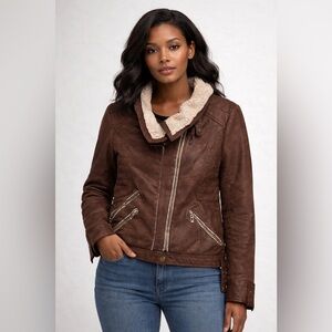 Brown Faux Leather Jacket with Shearling Collar